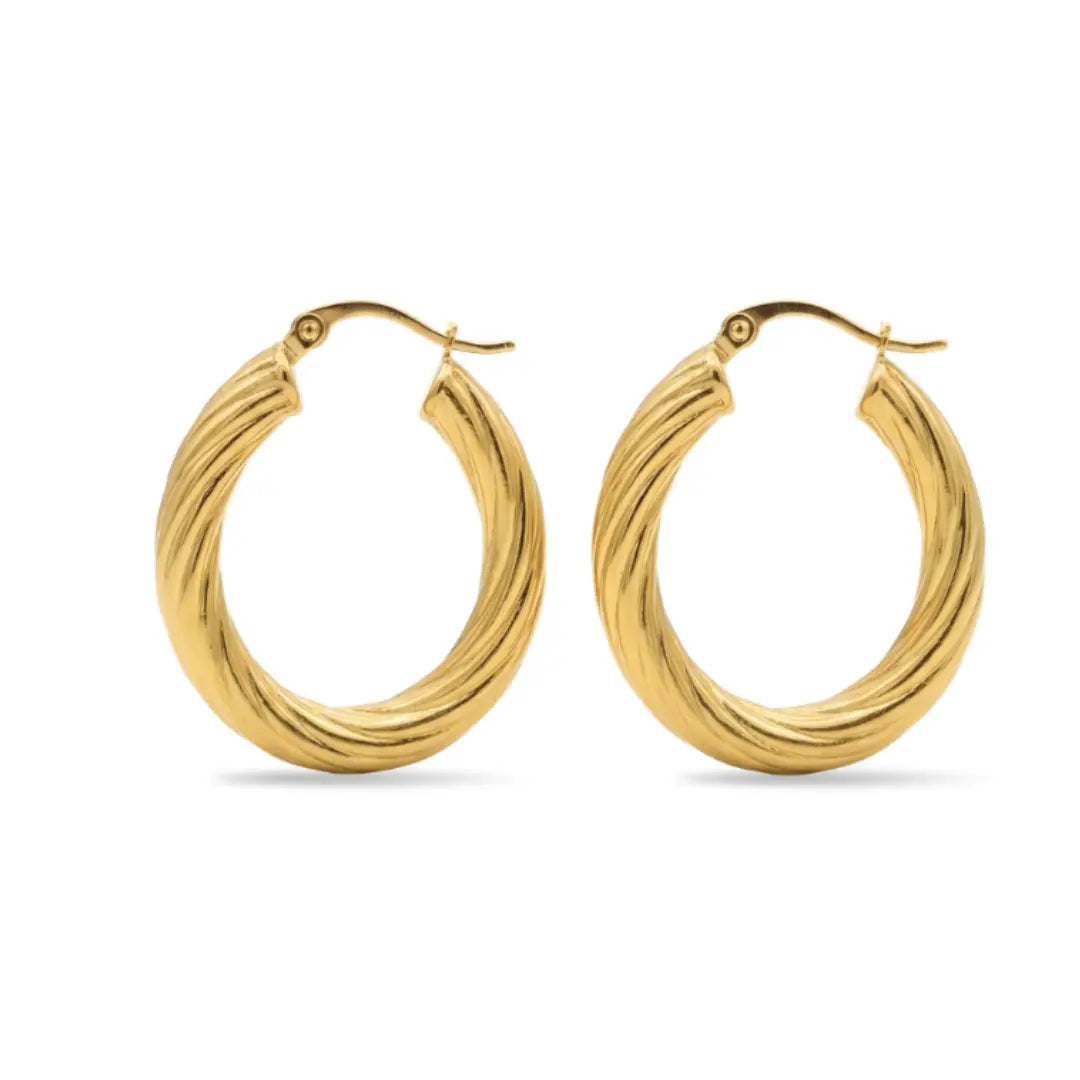 18K Gold Filled Thick Twisted Hoop Earrings – Chunky Ribbed Medium Gold Hoops for Women