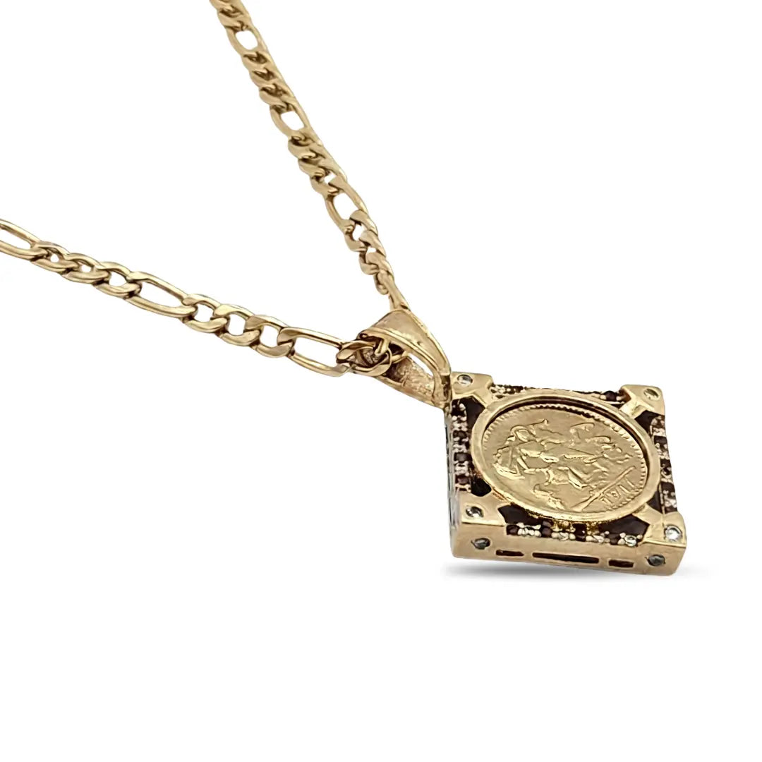 18K Gold Filled Square Sovereign Pendant Necklace with Ruby & Cubic Zirconia Accents – 60cm Figaro Chain Heritage Medallion Necklace for Men