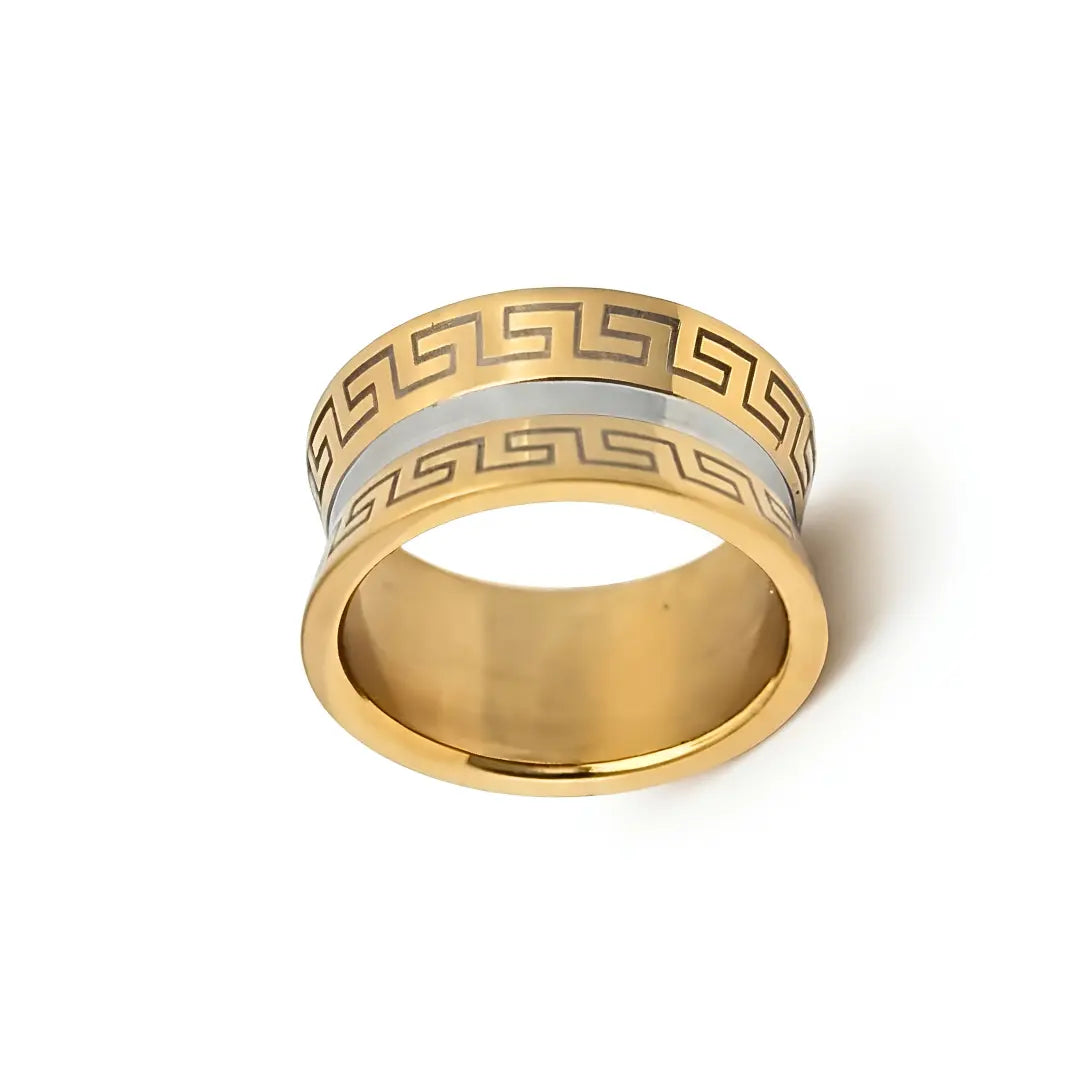 18K Gold Filled Greek Key Ring – 14mm Wide Concave Geometric Meander Statement Band for Men (US Size 11)