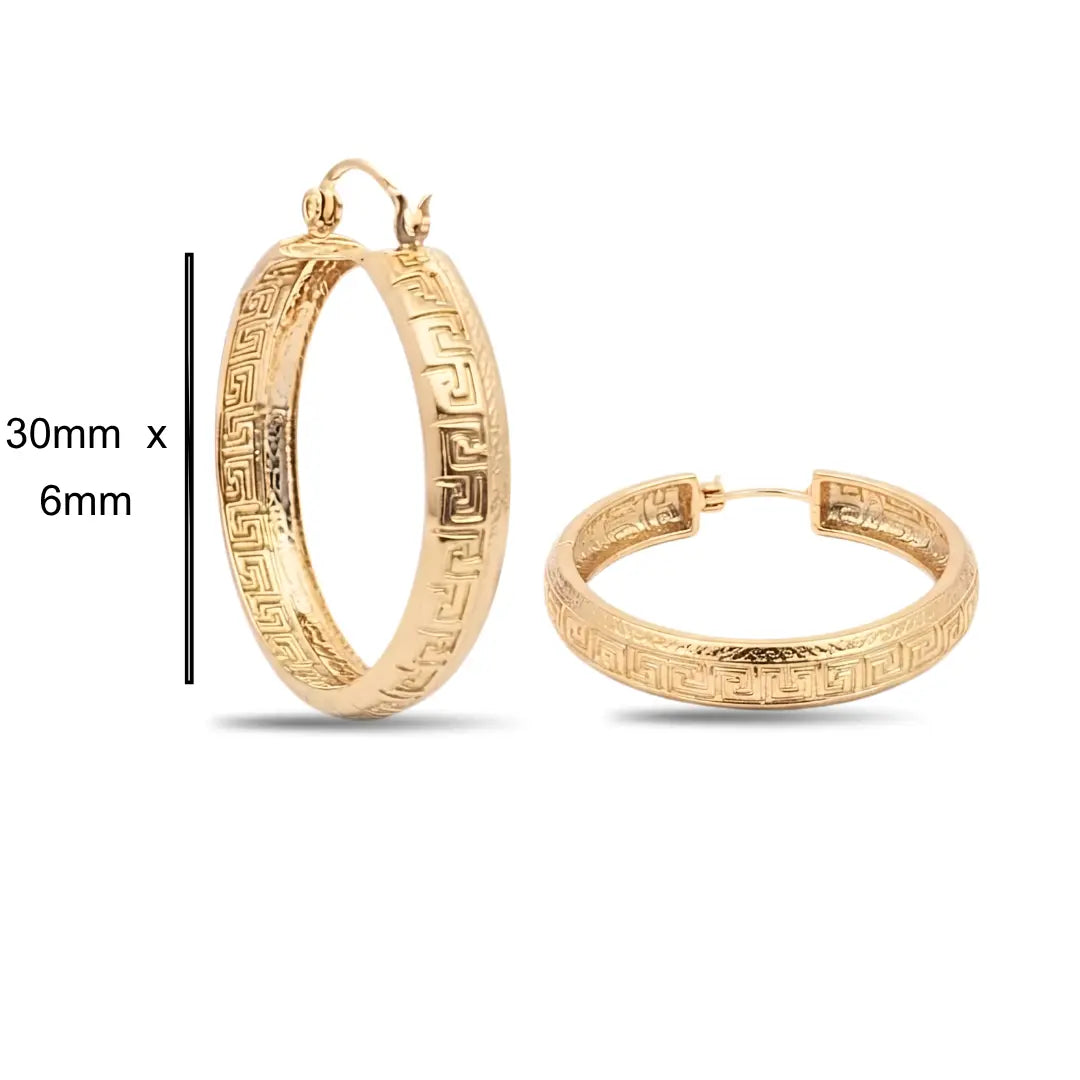 18K Gold Filled Greek Key Hoop Earrings – 30mm x 6mm Continuous Meander Geometric Wide Hoops for Women