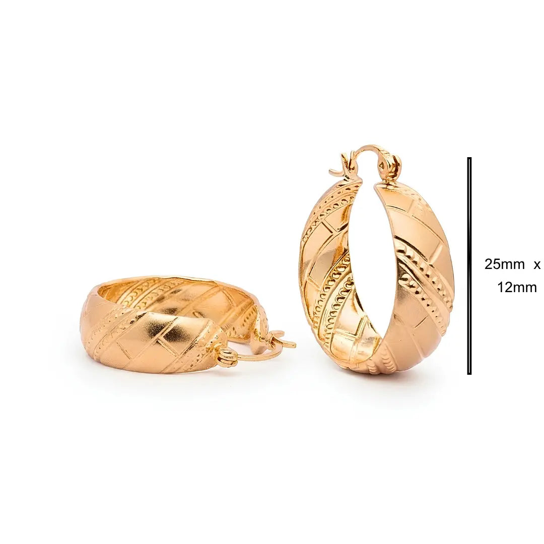 18K Gold Filled Hawaiian-Style Bamboo Hoop Earrings – 25mm x 12mm Chunky Rounded Profile with Engraved Geometric Detailing for Women
