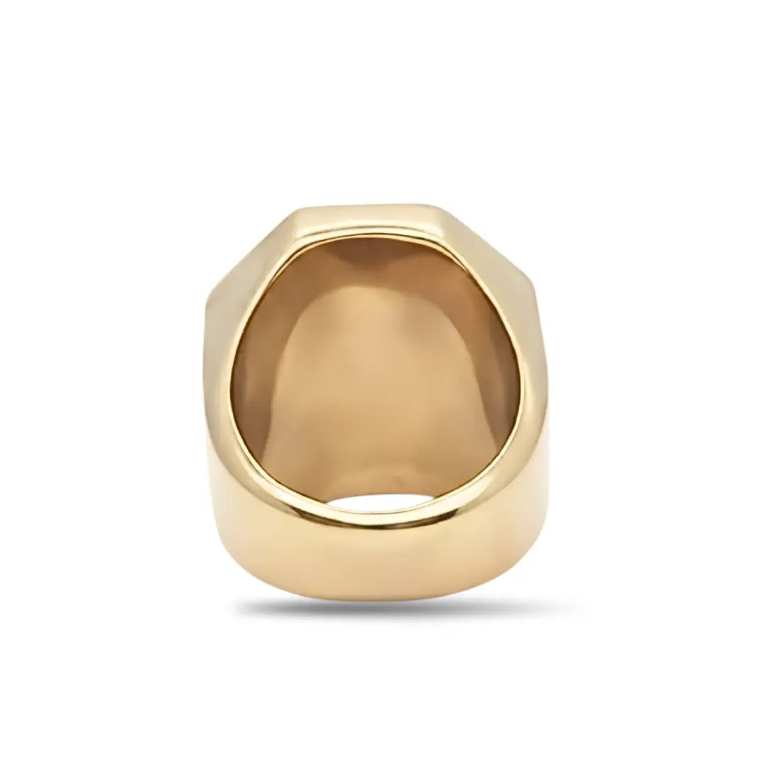 18K Gold Filled Greek Mythology Octagon Signet Ring – High-Relief Mythic Motif with Black Enamel Center & Meander Border