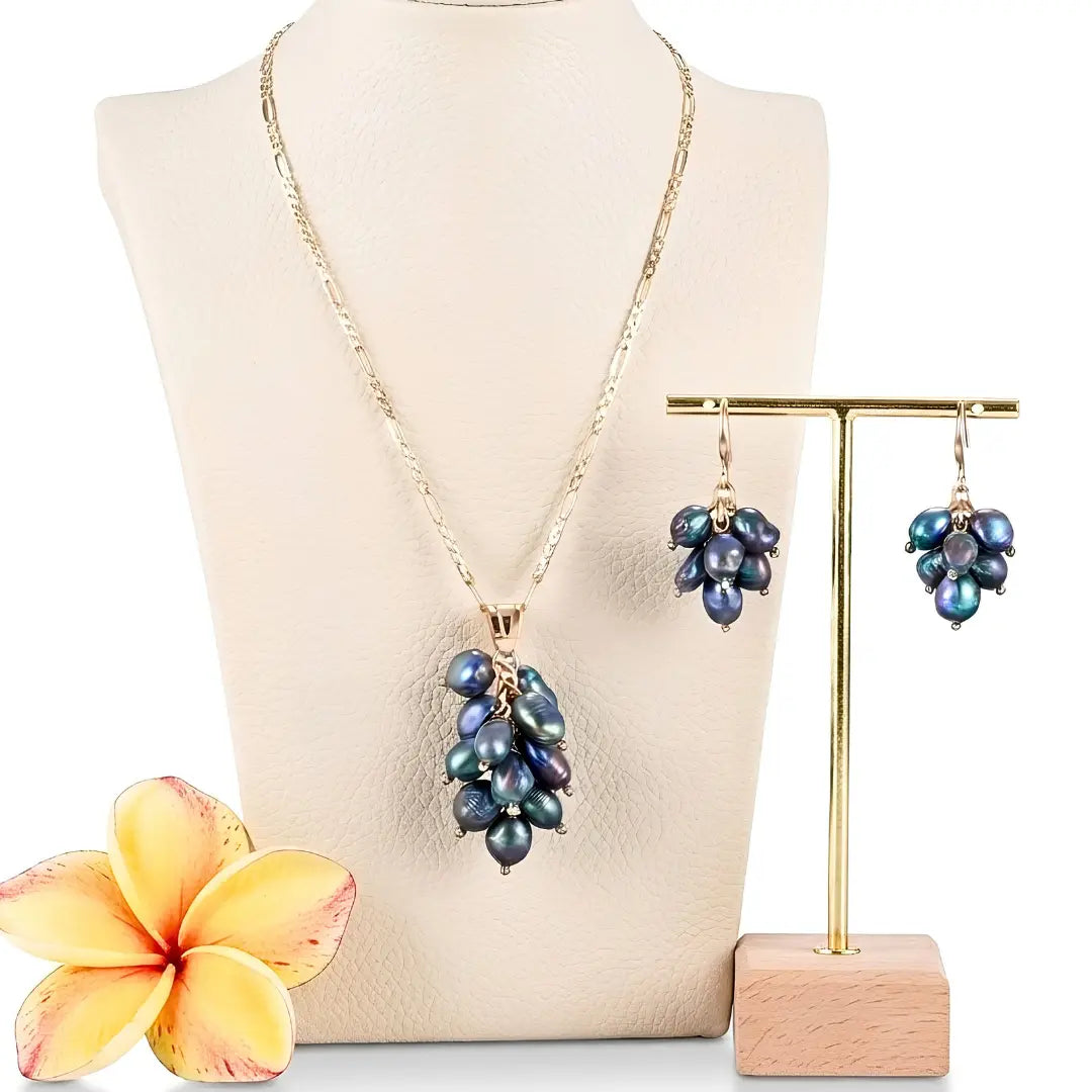 18K Gold Filled Baroque Pearl Set – Dark Iridescent Grape Cluster Pendant Necklace with 60cm Figaro Chain & Matching Drop Earrings