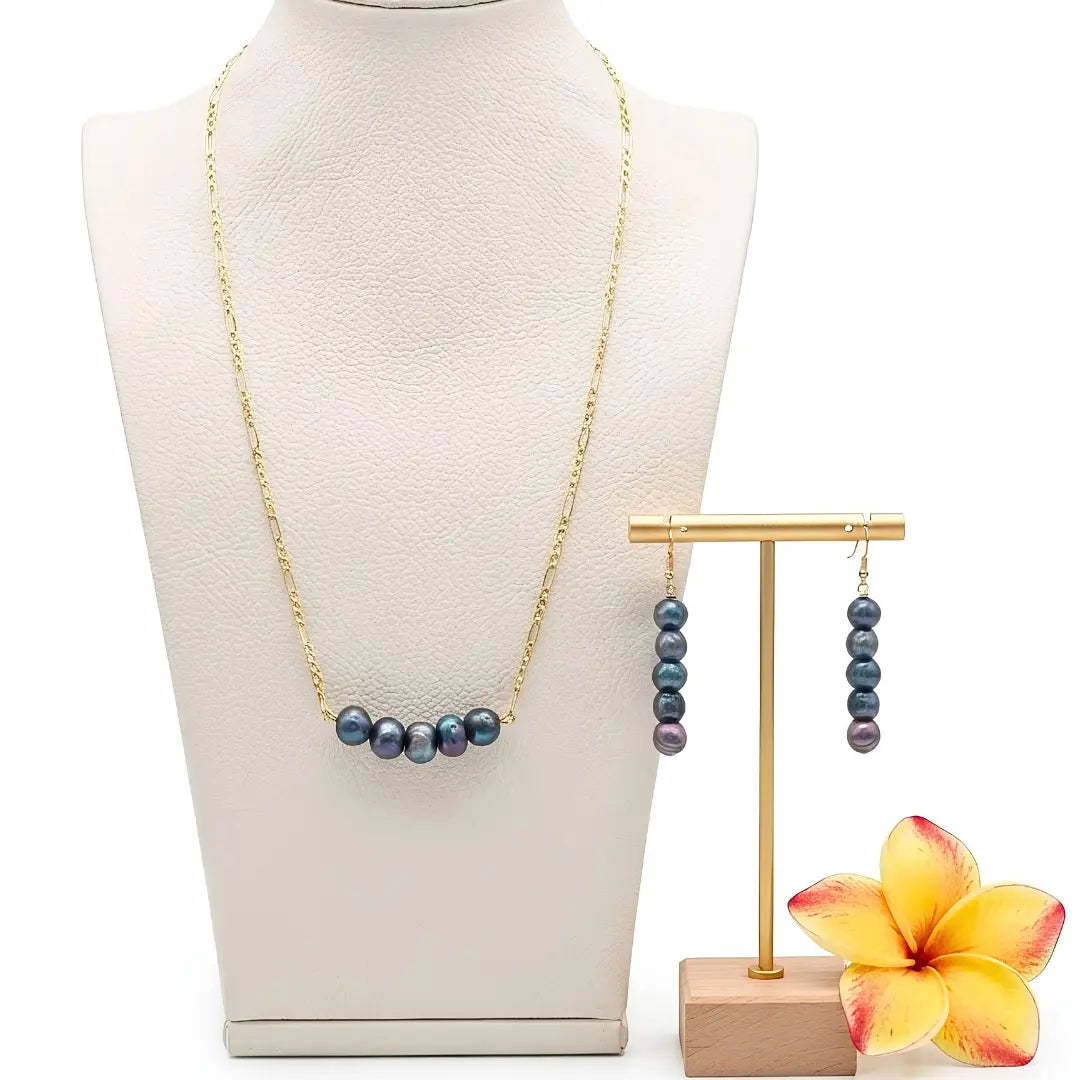 18K Gold Filled Black Baroque Pearl Set – 40mm Statement Organic Pendant Necklace with 60cm Figaro Chain & 40mm Matching Drop Earrings