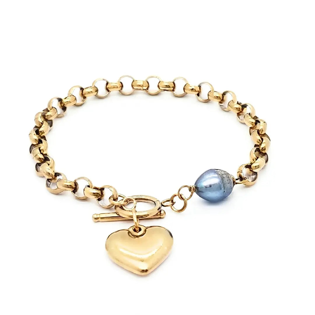 18K Gold Filled Pearl Heart 3-Piece Jewellery Set – 12mm Freshwater Baroque Pearls, Puffy Heart Charms & 6mm Belcher Chain (Necklace, Bracelet & Drop Earrings)