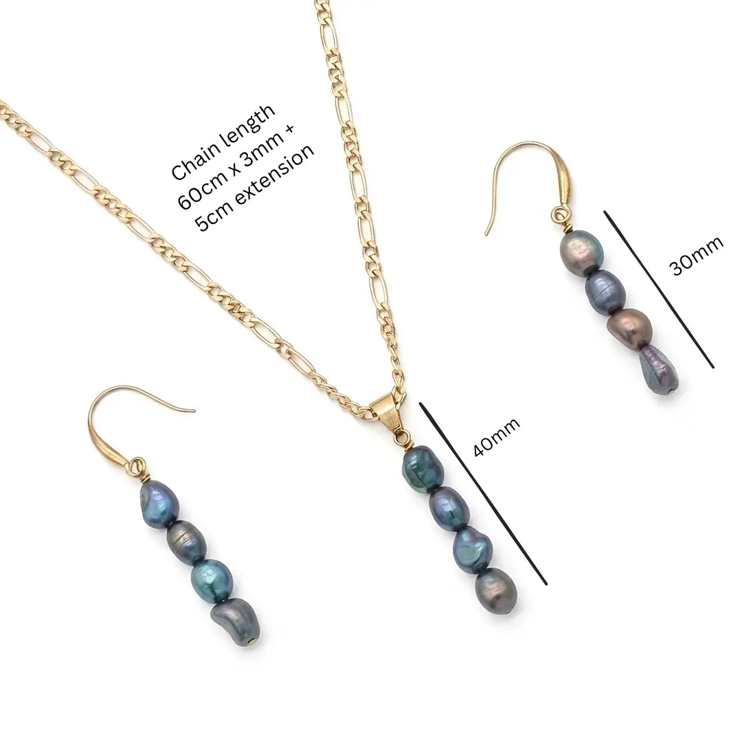 18K Gold Filled Dark Baroque Pearl Necklace & Earrings Set – 6mm Peacock-Toned Pearls, 40mm Vertical Drop Pendant with 60cm Figaro Chain & 30mm Dangle Earrings