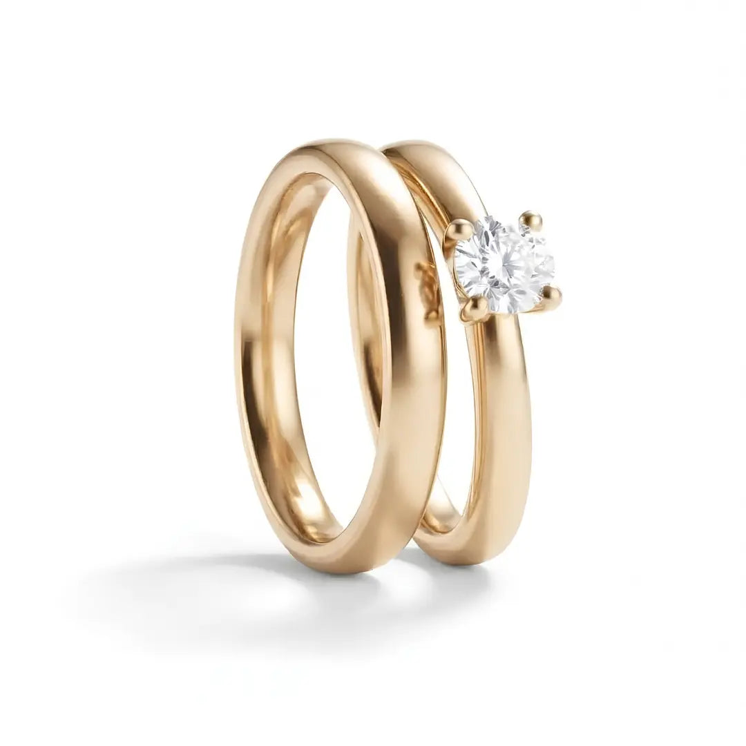 18K Gold Filled Couple Ring Set – Solitaire Statement Ring with Matching Curved Contour Nesting Band (US Sizes 9–13)