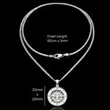 Silver Rhodium Plated Compass Coin Medallion Pendant Necklace – Nautical Star with Cardinal Direction Markers & 60cm x 3mm Cuban Link Chain for Men
