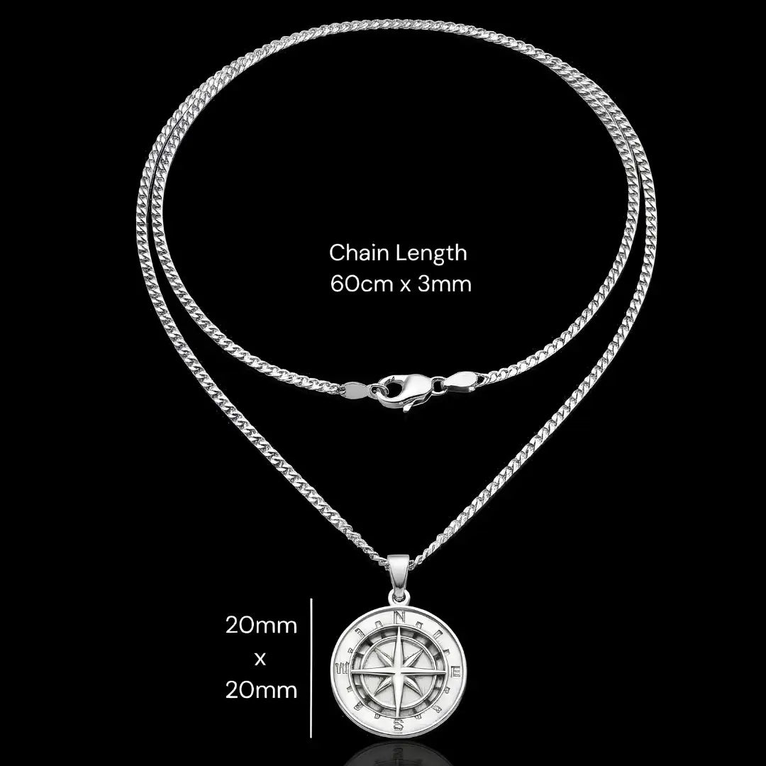 Silver Rhodium Plated Compass Coin Medallion Pendant Necklace – Nautical Star with Cardinal Direction Markers & 60cm x 3mm Cuban Link Chain for Men