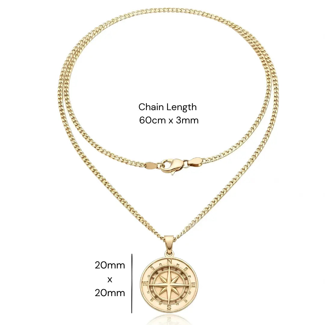 18K Gold Filled Compass Coin Medallion Pendant Necklace – Nautical Star with Cardinal Direction Markers & 60cm x 3mm Cuban Link Chain for Men