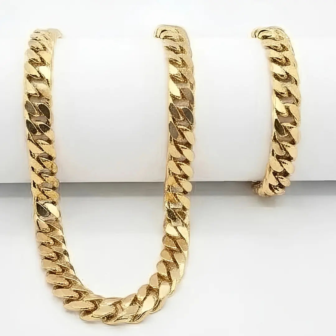 18K Gold Filled Heavy Cuban Link Chain & Bracelet 2-Piece Set – 12mm Flat-Beveled Curb Links (60cm Necklace & 23cm Bracelet) for Men