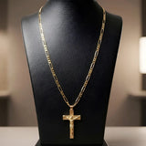 18K Gold Filled Crucifix Necklace – Sculpted 40mm x 25mm Christian Corpus Cross Pendant with 60cm x 3mm Figaro Chain for Men