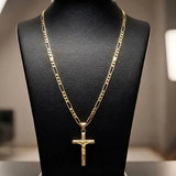 18K Gold Filled Classic Crucifix Necklace – Sculpted 30mm x 18mm Christian Cross Pendant with 60cm x 3mm Figaro Chain for Men