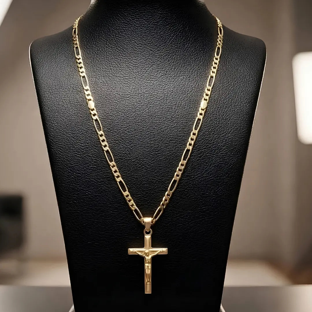 18K Gold Filled Classic Crucifix Necklace – Sculpted 30mm x 18mm Christian Cross Pendant with 60cm x 3mm Figaro Chain for Men