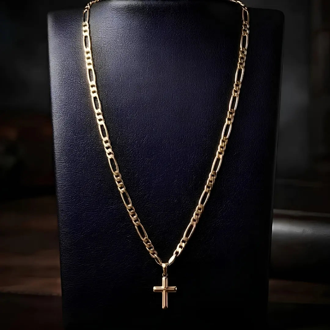 18K Gold Filled Minimalist Cross Necklace – Classic 16mm Latin Cross Pendant with 60cm x 3mm Figaro Chain for Men
