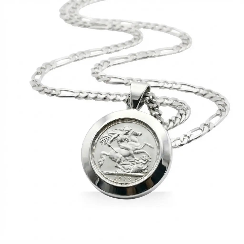 1913 Sovereign Coin Pendant Necklace in Silver Rhodium Plated Tarnish-Proof Finish with Figaro Chain