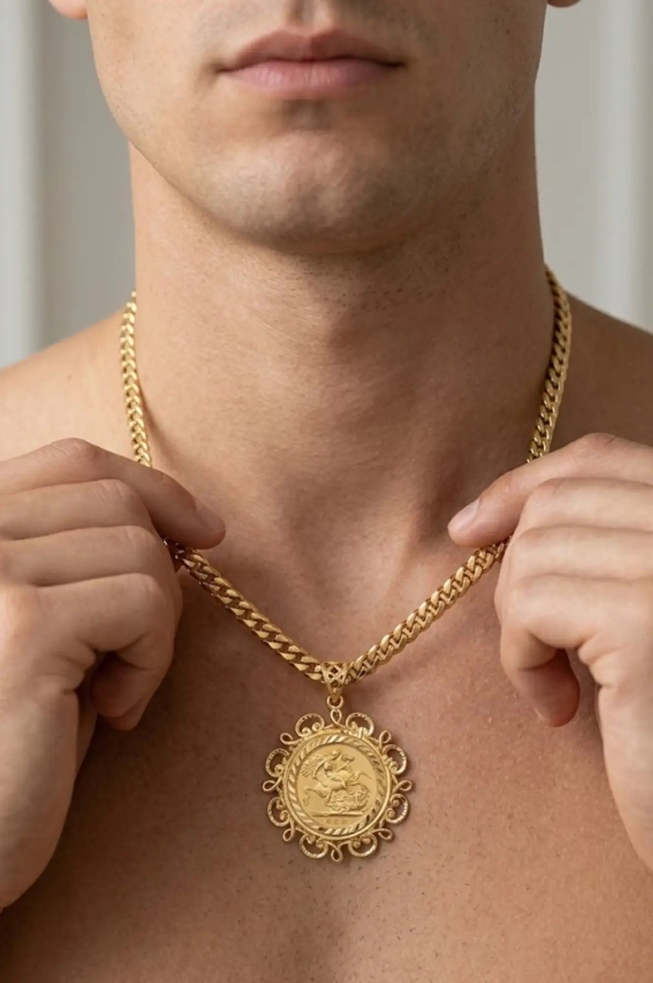 18K Gold Filled 1911 Sovereign Pendant Necklace with 60cm Cuban Link Chain
