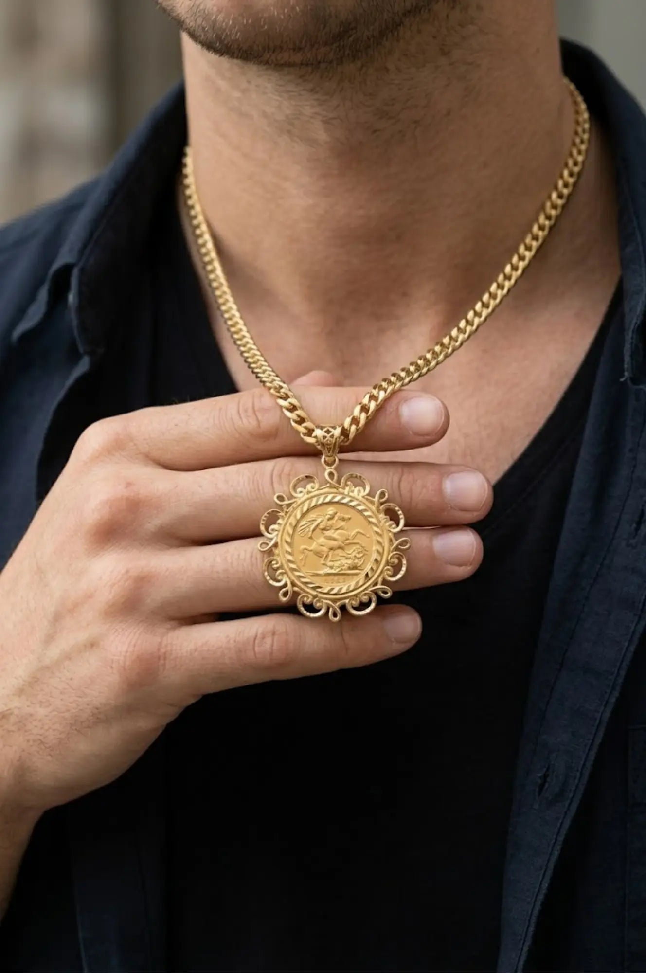 18K Gold Filled 1911 Sovereign Pendant Necklace with 60cm Cuban Link Chain