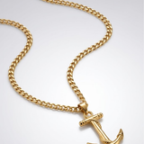 18K Gold Filled Maritime Anchor Pendant Necklace – Rope-Wrapped Nautical Anchor Curb Chain Necklace for Men & Women