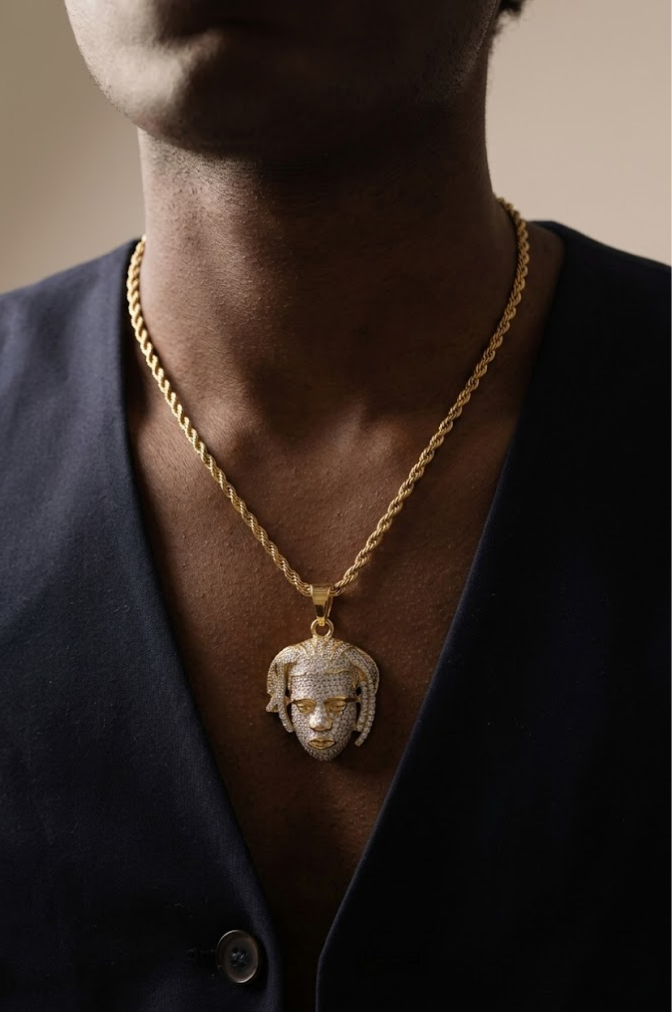 18K Gold Filled Micro-Pavé Dreadlocks Face Pendant Necklace – Iced Out 3D Figure CZ Rope Chain Necklace for Men & Women