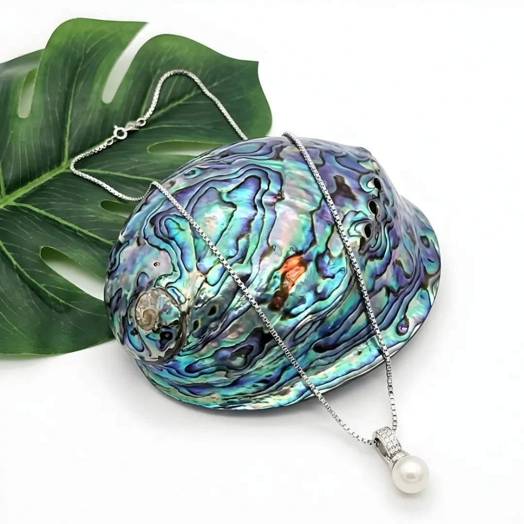 Silver White Pearl Pendant Necklace with Diamonds – Luminous Pearl Solitaire Drop Necklace