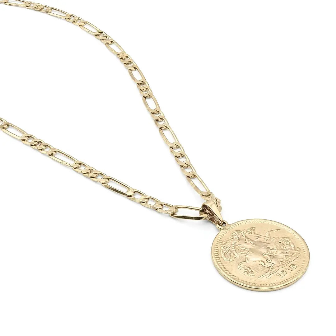 18K Gold Filled 1918 Sovereign Coin Pendant Necklace – 24mm x 24mm Medallion with 60cm 4mm Figaro Chain for Men & Women