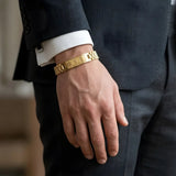 18K Gold Stainless Steel Iconic Bracelet – 15mm Wide Heavy Box Link Band with Engraved Centerpiece for Men (22cm)