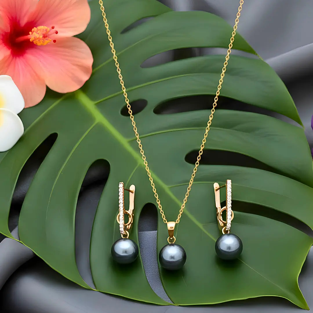 18K Gold Filled Hawaiian Pearl Necklace & Pavé CZ Earrings Set – 12mm High-Luster Pearl with 60cm Chain in Grey