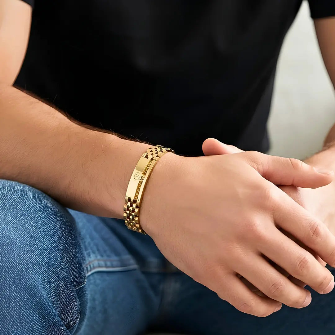 18K Gold Luxury Stainless Steel Watch-Link Bracelet – 12mm Wide Tarnish-Proof Iconic Wristwear for Men  (21cm)