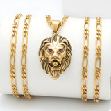 18K Gold Filled Lion Head Pendant Necklace – Ruby Red Eyes Sculpted Lion Figaro Chain Necklace for Men & Women