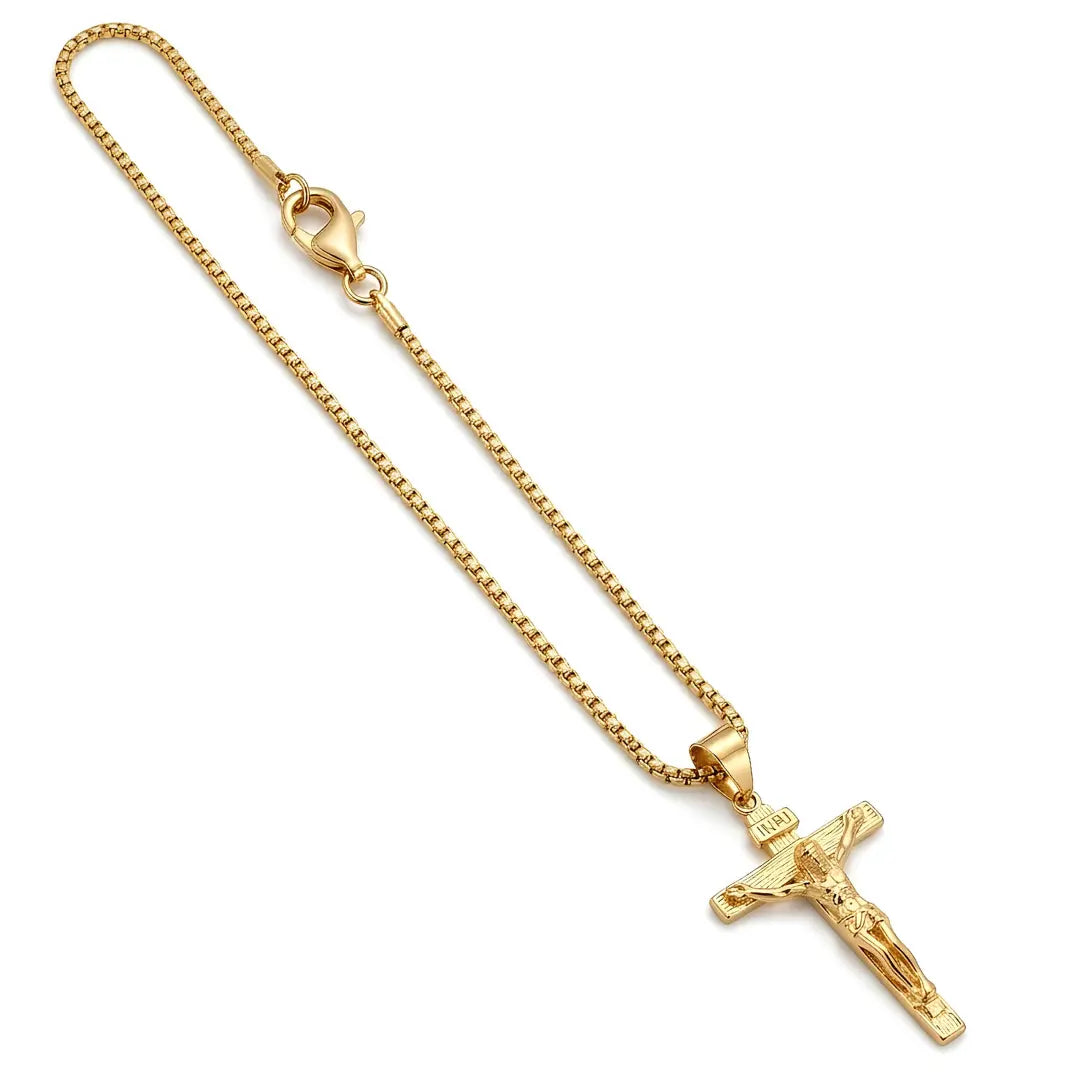 Stainless Steel Crucifix Cross Pendant Necklace with 60cm Box Chain – Tarnish-Proof Unisex INRI Christian Jewelry