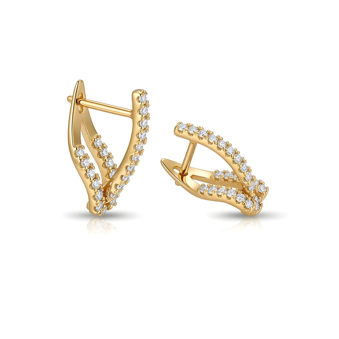 18K Gold Filled Cross-Over V-Shape CZ Huggie Earrings – Double-Row Pavé Chevron Hoop Earrings for Women