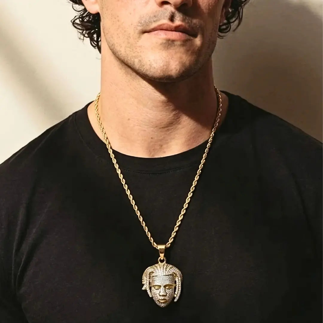 18K Gold Filled Iced Out Face Pendant Necklace with 64cm Rope Chain