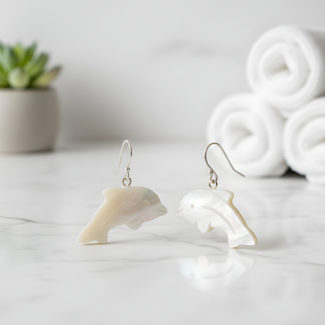 Natural Mother of Pearl Carved Dolphin Drop Earrings – Sterling Silver Coastal Shell Jewelry
