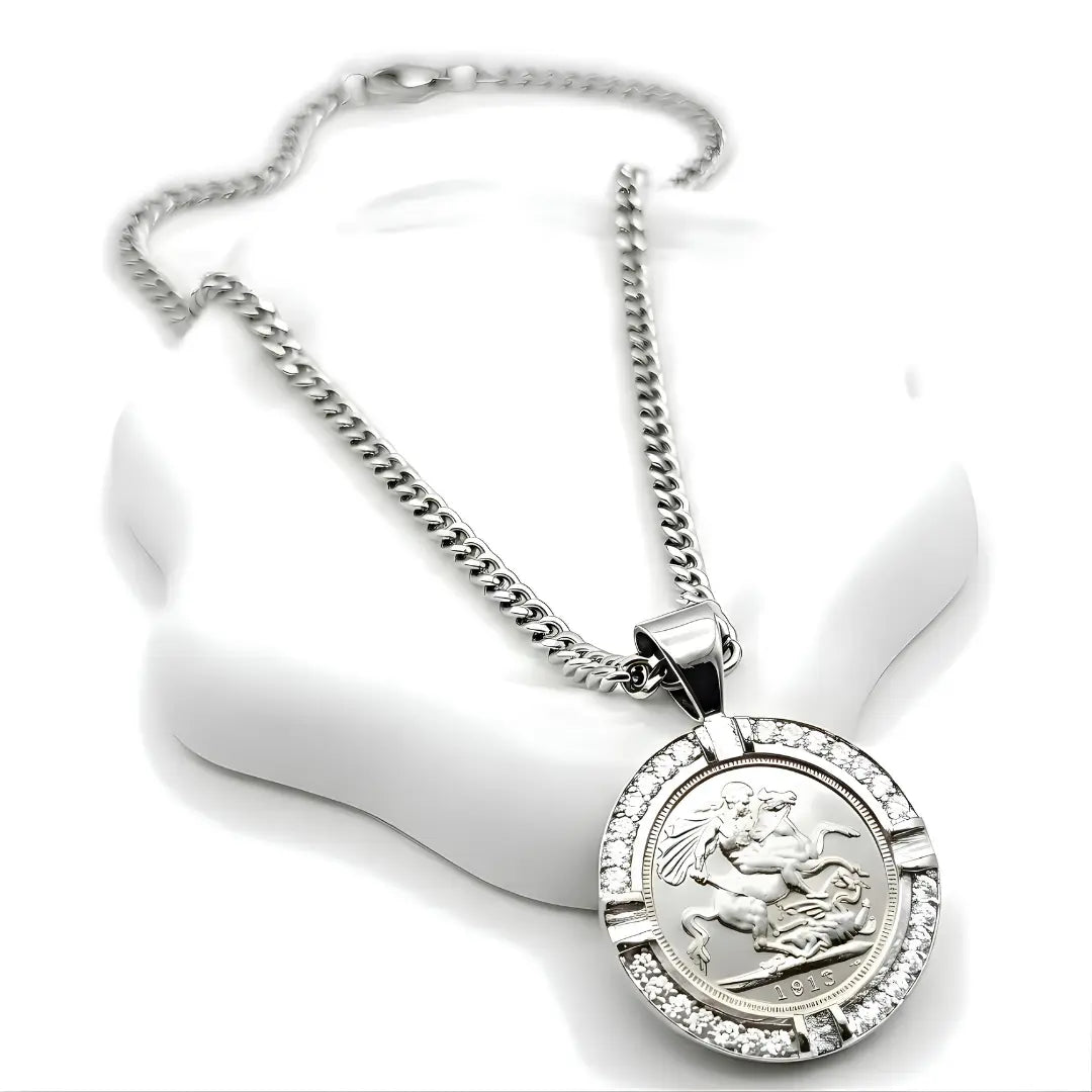 1913 Sovereign Pendant with Diamonds & Cuban Link Chain - Silver Rhodium Plated Tarnish-Proof