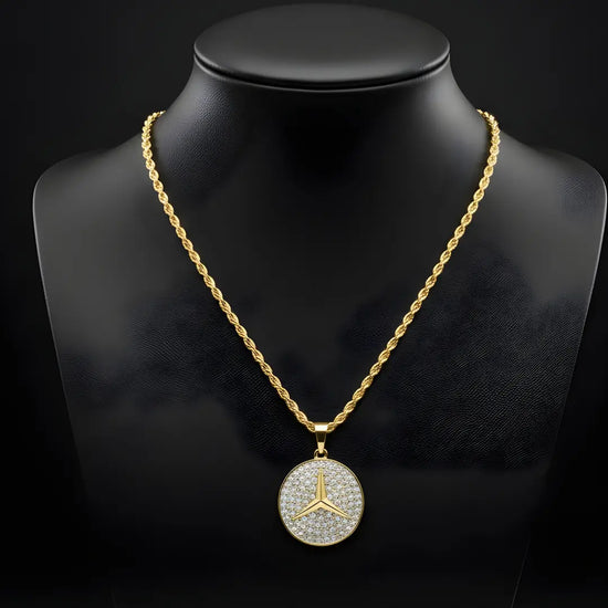 18K Gold Filled Iced Out Three-Point Star Logo Medallion Necklace – Rope Chain Pendant for Men & Women