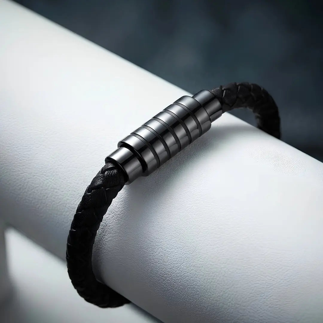 Braided Black Leather Bracelet with Gunmetal Magnetic Clasp (21cm) – Rugged Men's Casual Wristwear