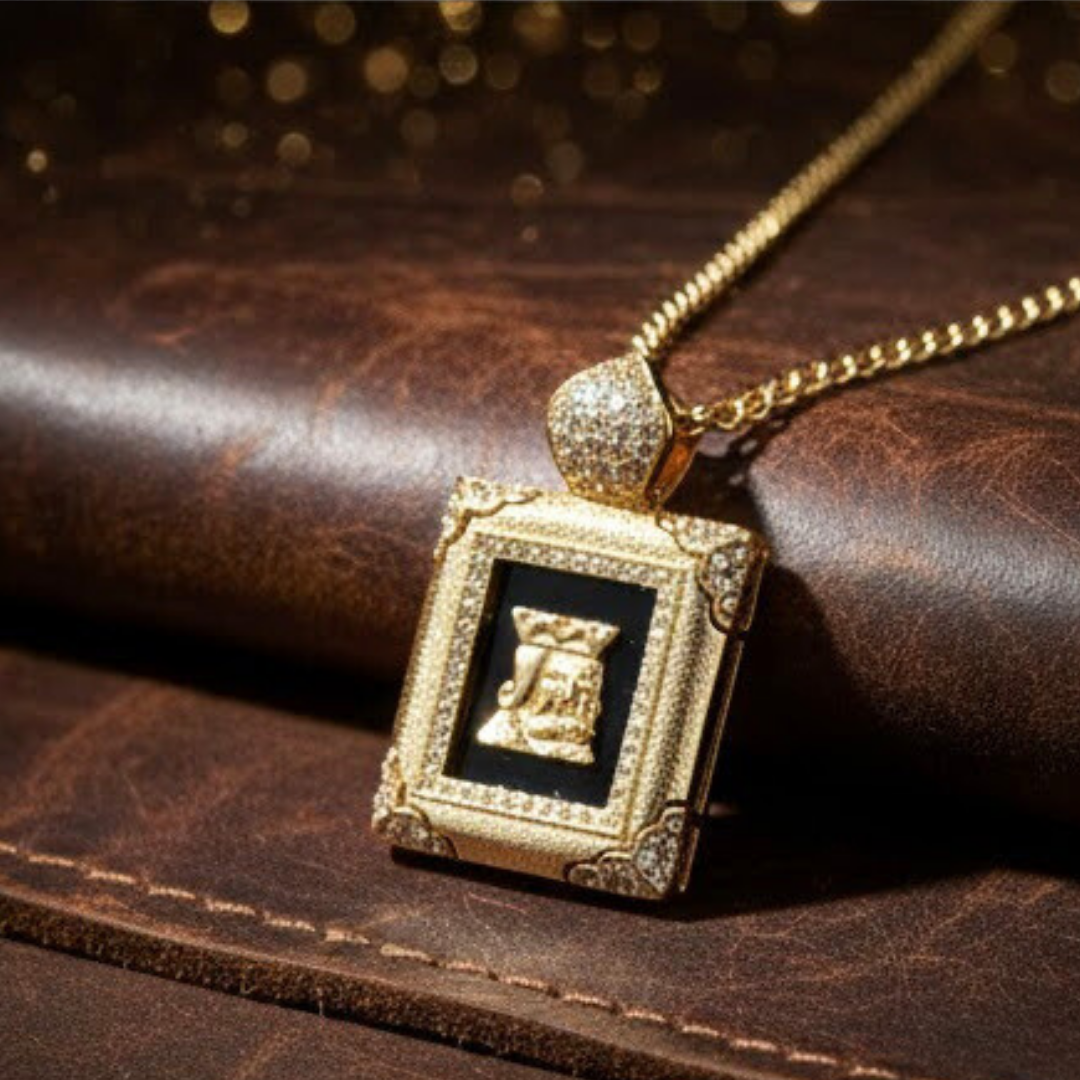 14K Gold Filled Frame Pendant Necklace – Rectangular Black Stone & Gold Medallion Charm