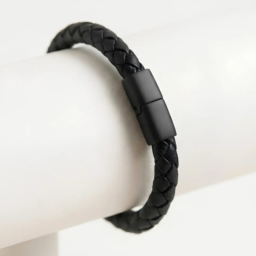 Men’s Black Braided Leather Bracelet (21cm / 12mm) – Rugged Woven Leather Wristband with Matte Black Bayonet Clasp