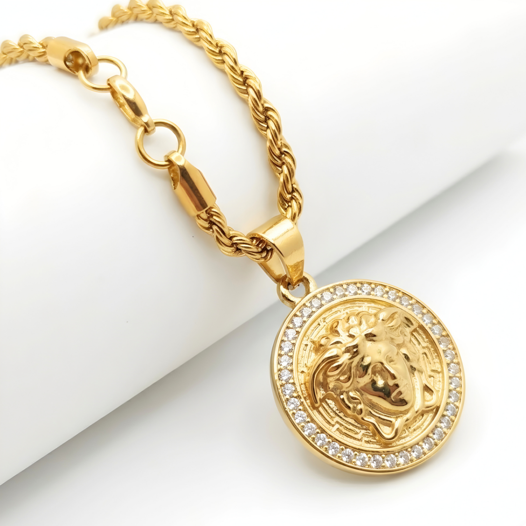 18K Gold Filled Iconic Greek Medusa Head Pendant Necklace with CZ Diamond Halo