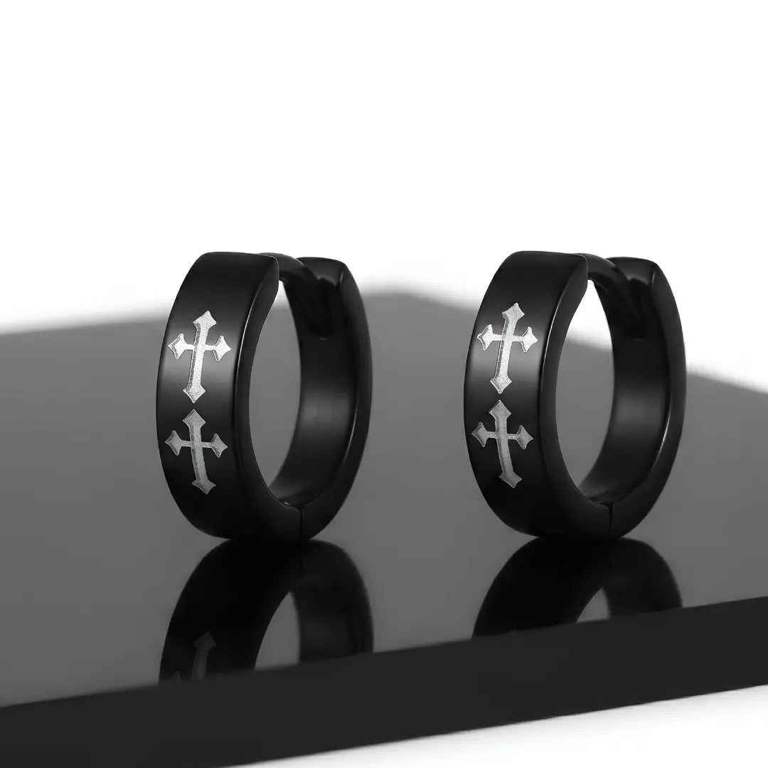 Men’s Black Cross Hoop Earrings (18mm) – Bold Stainless Steel Dangle Huggie Earrings for Modern Street Style