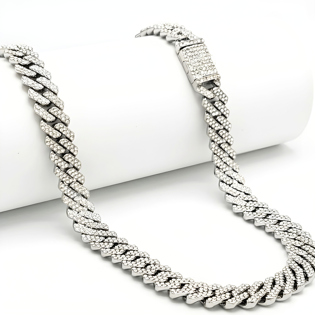 Silver Iced-Out Cuban Link Chain 55cm x 14mm