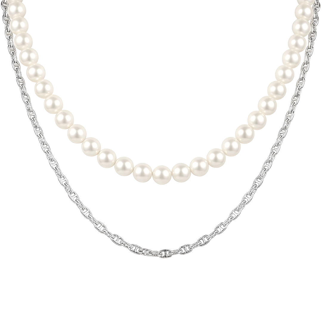 Silver Rhodium Plated Chain & Pearl Duo