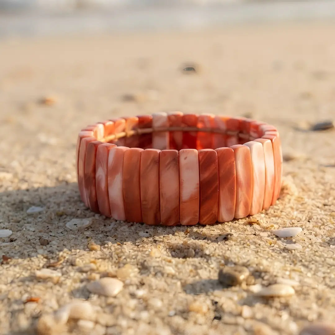 Mother of Pearl Hawaiian Stretch Bracelet (30mm) – Natural Shell Statement Cuff in Rich Brown & Red Tones