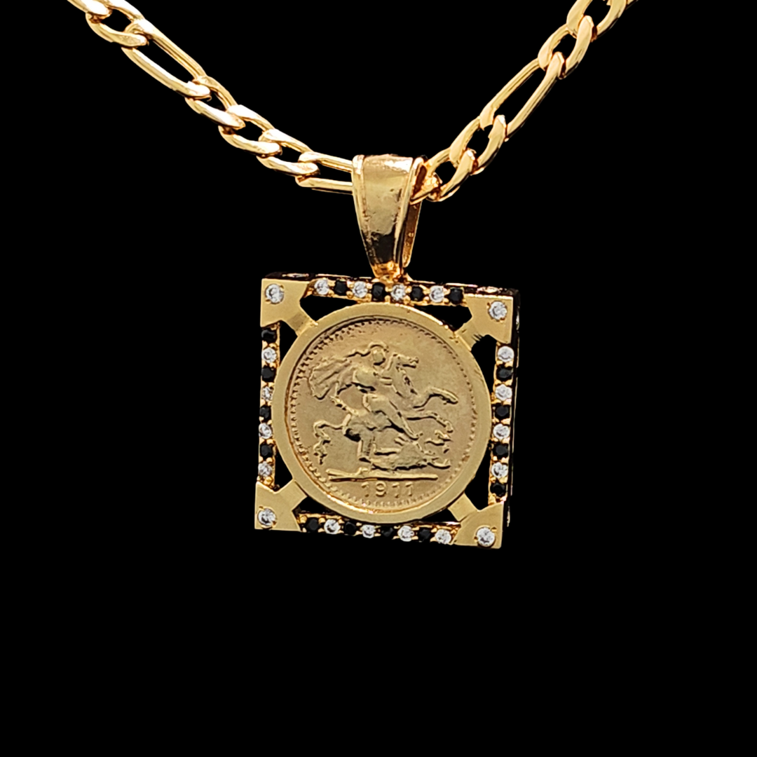 18K Gold Filled Square Sovereign With Black & White Stones