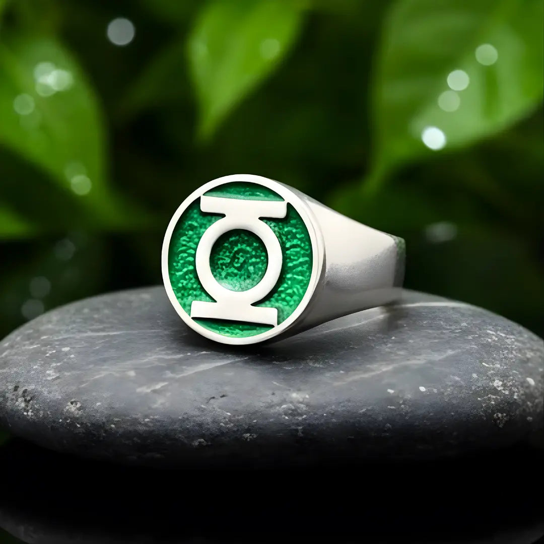 Silver Green Emerald Emblem  Ring
