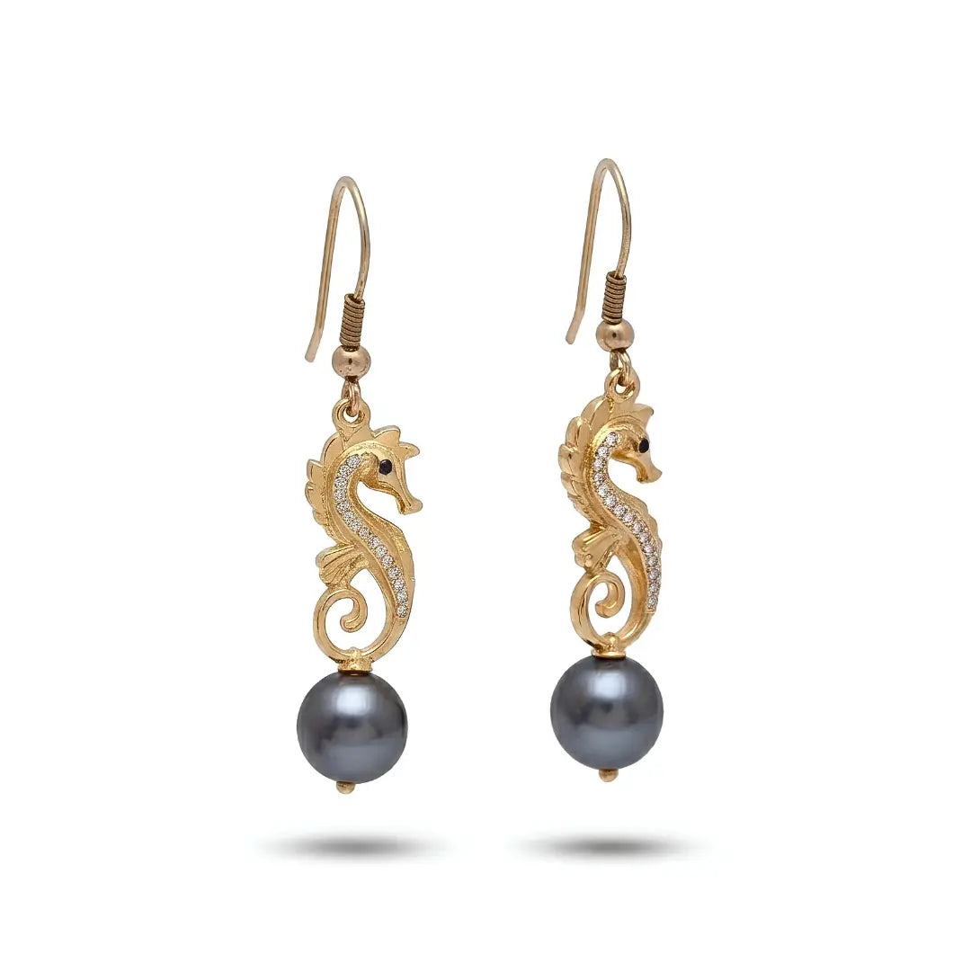 18K Gold Filled Hawaiian Seahorse Pendant Necklace – Sparkling Cubic Zirconia Seahorse with 12mm Pearl Charm on 60cm Chain for Women
