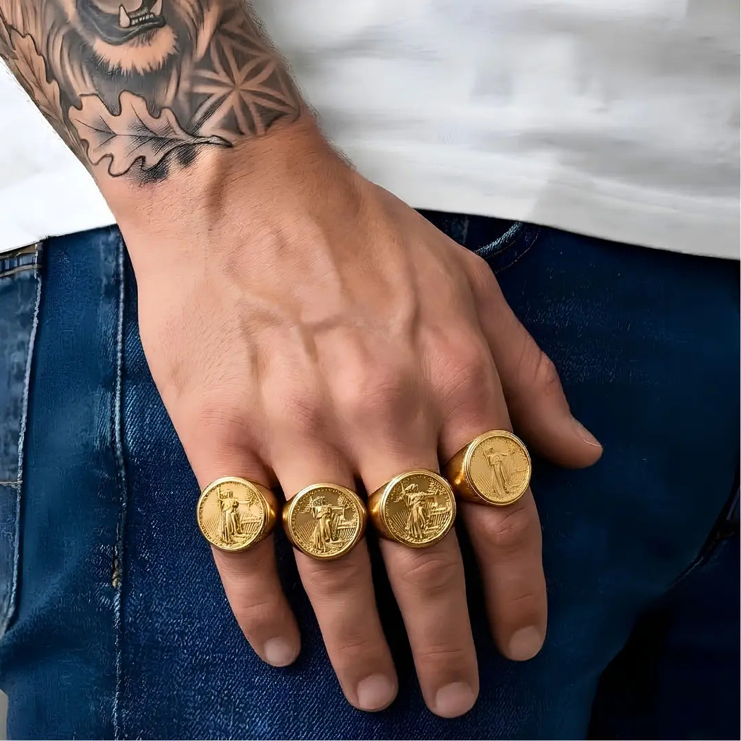 18K Gold Filled Liberty Coin Sovereign Ring – Bold Engraved Statement Signet Ring for Men