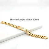 18K Gold Stainless Steel Iconic Bracelet – 15mm Wide Heavy Box Link Band with Engraved Centerpiece for Men (22cm)
