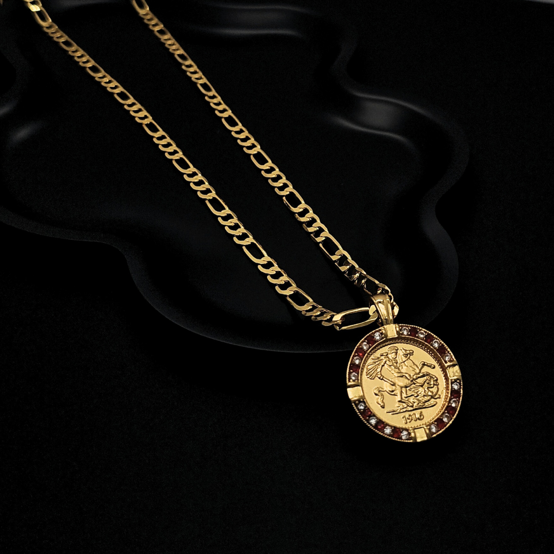 Gold Filled Customized  Tarnish Proof Full Sovereign Pendant Necklace With Ruby & CZ